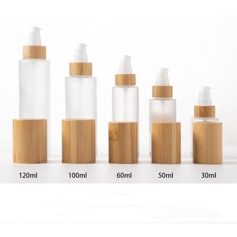 Матовый косметический насос для лосьона, тонкий распылитель и стеклянный распылитель для лосьона с крышкой из бамбукового дерева Матовый косметический насос для лосьона, тонкий распылитель и стеклянный распылитель для лосьона с крышкой из бамбукового дерева