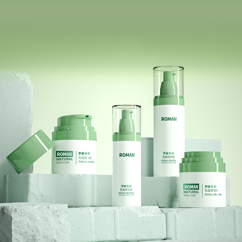 Пластиковая косметическая упаковка Бутылка для крема для лица 30 мл 50 мл 80 мл Набор зеленых безвоздушных бутылок с насосом с гальваническим покрытием для бутылок с антивозрастной сывороткой